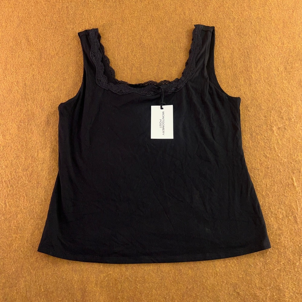 Montgomery Post Womens Large Black Lace Trim Ribbed Tank Top